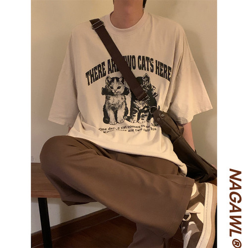 NAGAWL2025夏季新款美式复古水洗做旧猫咪印花圆领短袖T恤上衣男