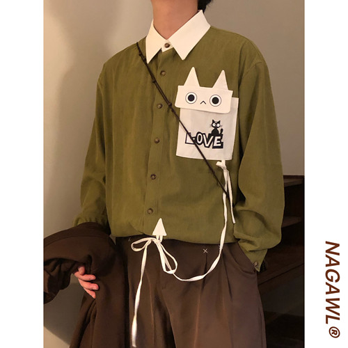 NAGAWL2026秋季复古vintage猫咪衬衫男慵懒抽绳设计休闲长袖上衣