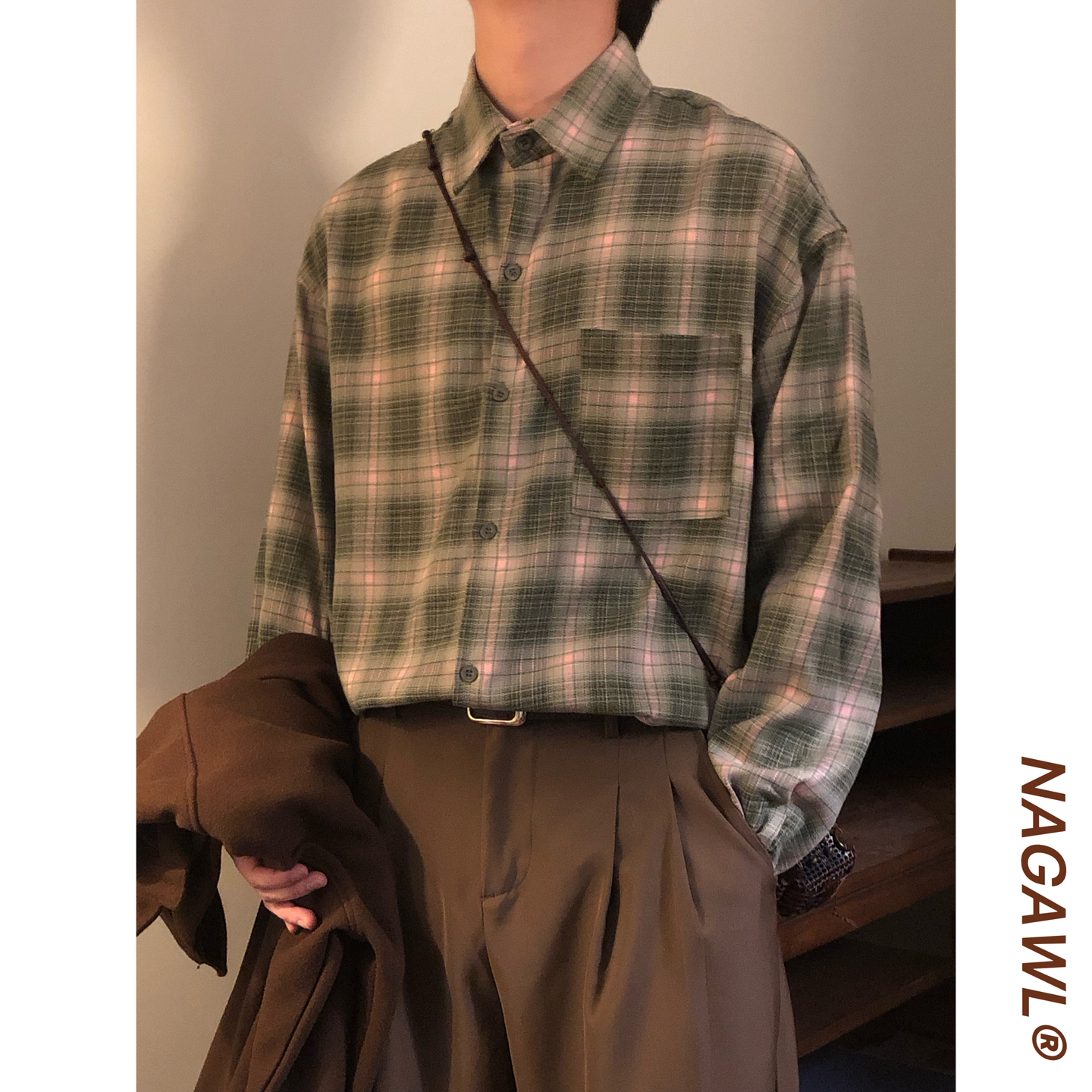 NAGAWL秋季日系复古潮牌学院风撞色格子休闲宽松百搭长袖衬衫上衣