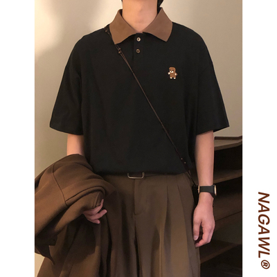 NAGAWL夏季美式复古学院风可爱小熊撞色领短袖polo衫T恤上衣男女