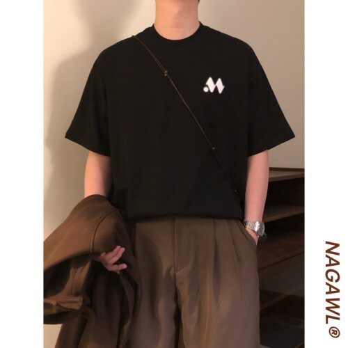 NAGAWL2026夏季美式复古小标M印花T恤修身宽松款百搭潮牌短袖上衣