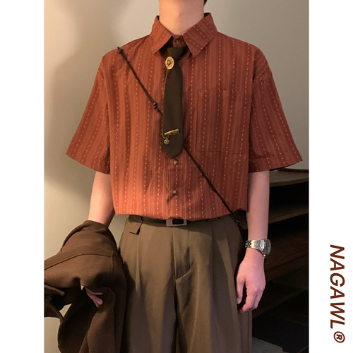 NAGAWL2026夏季美式复古学院风条纹衬衫男女宽松百搭潮牌短袖上衣