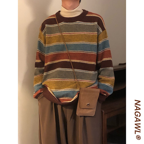 NAGAWL美式复古撞色宽松条纹针织衫男秋季新款学院风圆领长袖毛衣