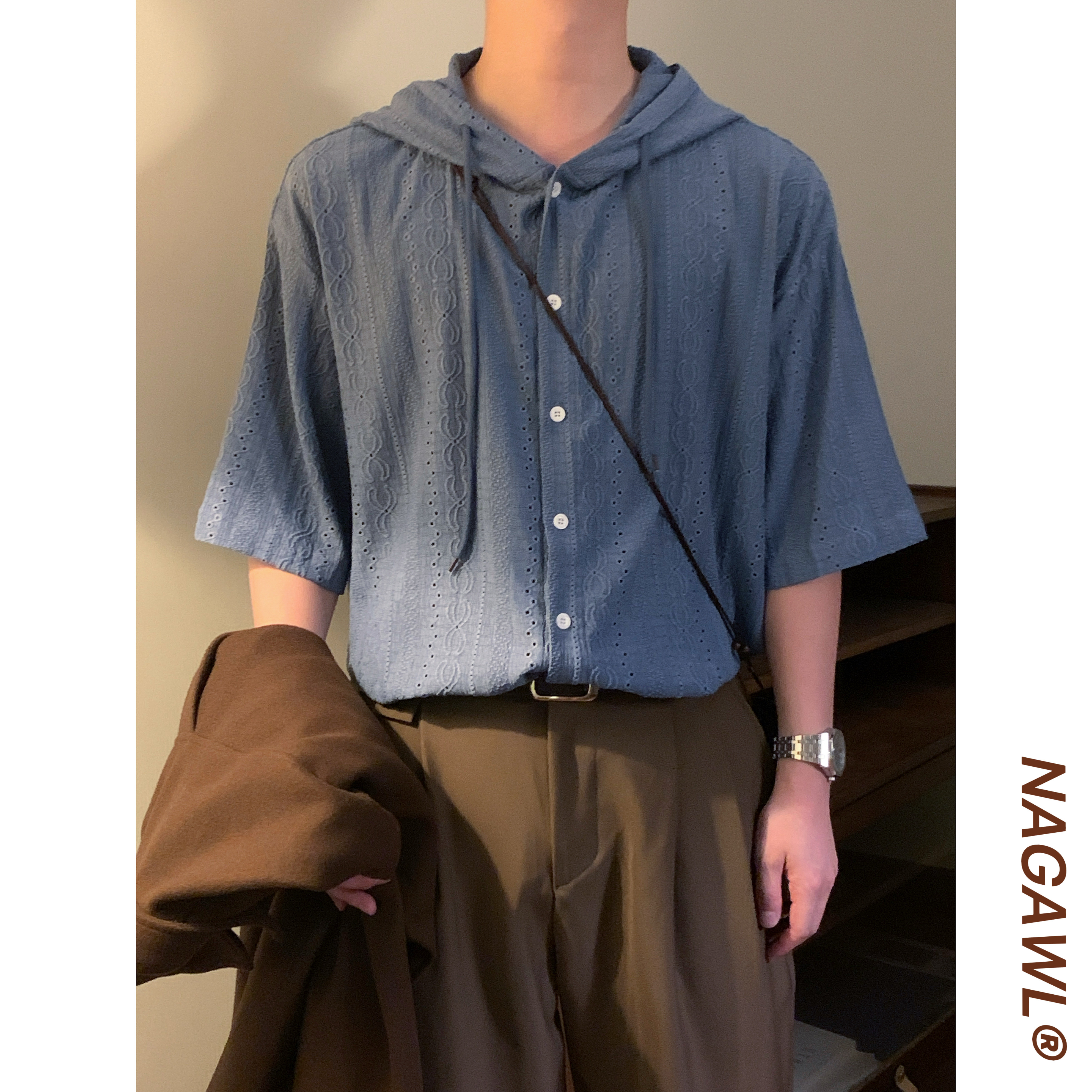 NAGAWL2026日系cityboy镂空刺绣连帽衬衫男宽松百搭休闲短袖上衣图片