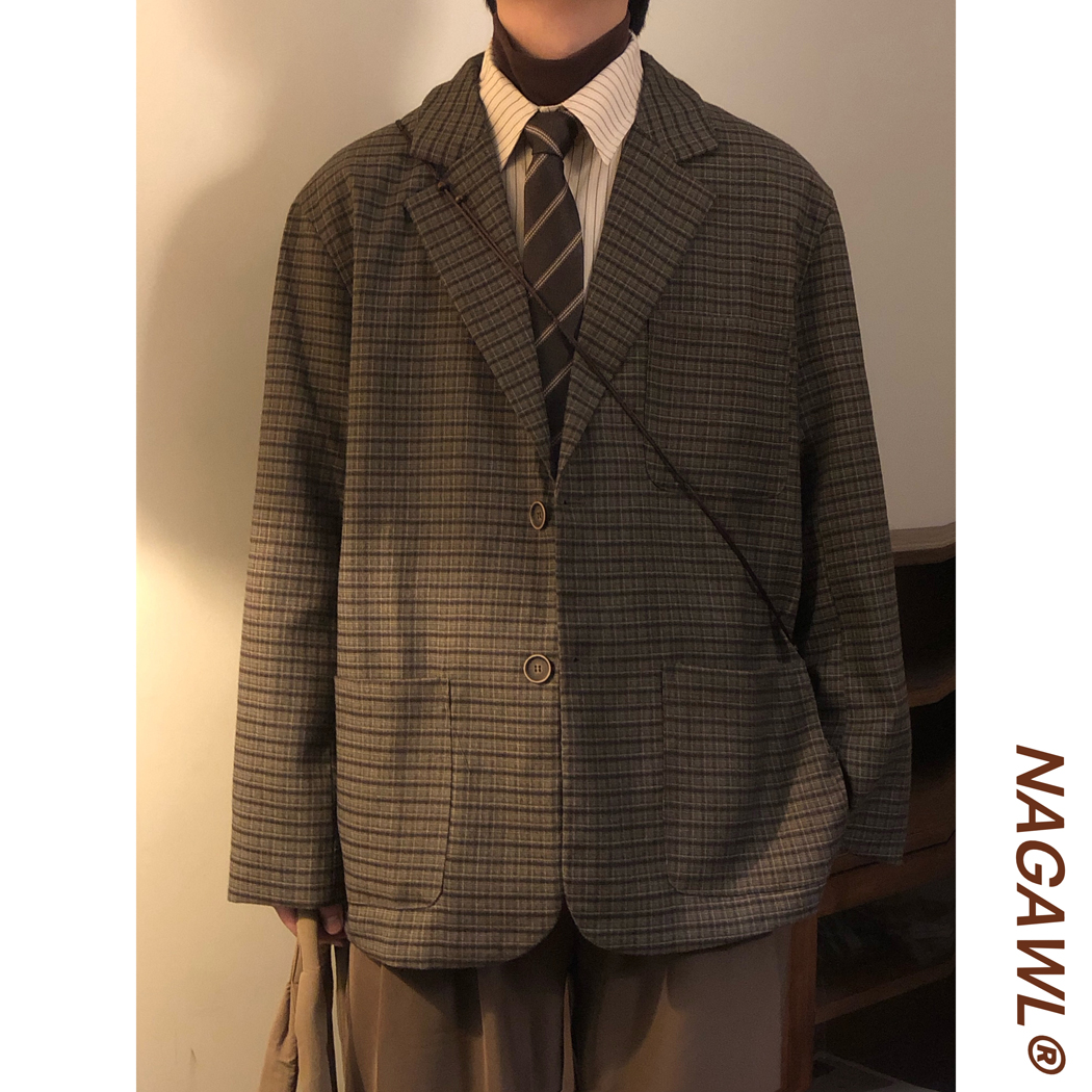 NAGAWL冬季日系复古学院风街头小众宽松休闲细格纹西装西服外套男