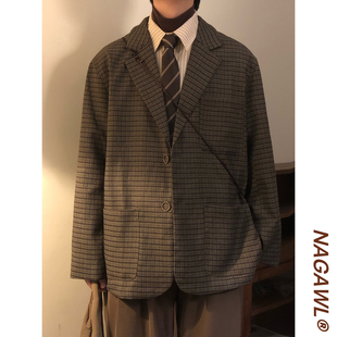 NAGAWL冬季日系复古学院风街头小众宽松休闲细格纹西装西服外套男