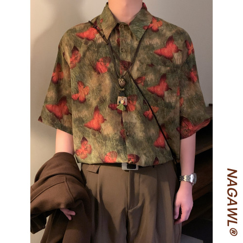 NAGAWL2026夏季美式复古蝴蝶印花衬衫男女款宽松百搭潮牌短袖上衣
