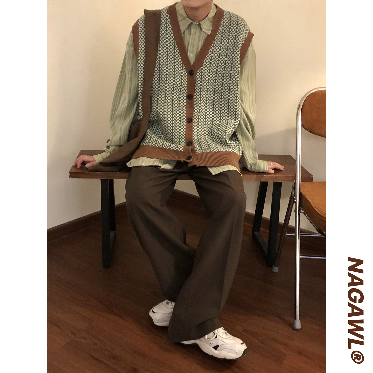 nagawl复古宽松显瘦咖色西装裤子