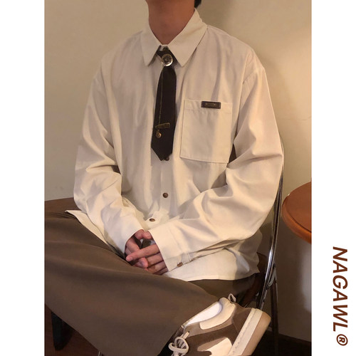NAGAWL秋季美式复古学院风简约纯色宽松休闲百搭叠穿长袖衬衫上衣