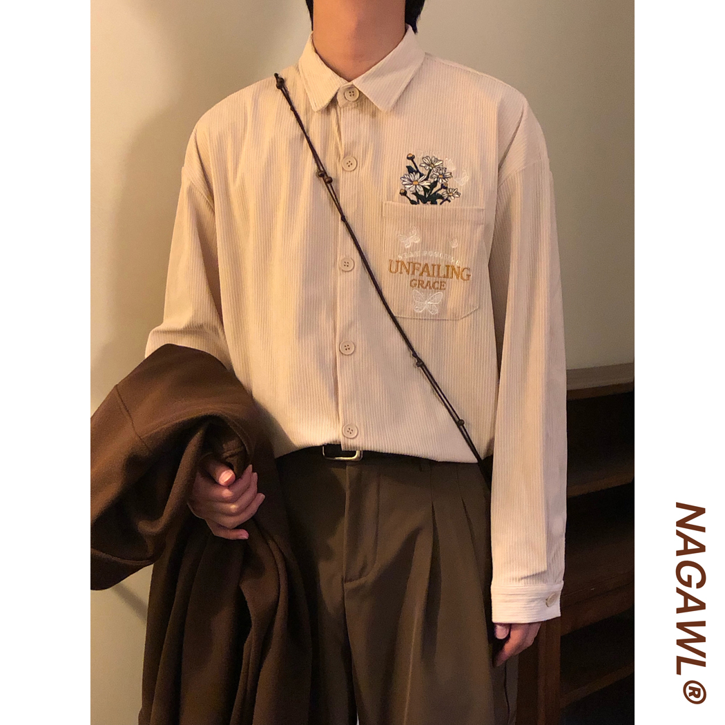 NAGAWL2025春季美式复古潮牌花朵字母刺绣灯芯绒长袖衬衫上衣男女