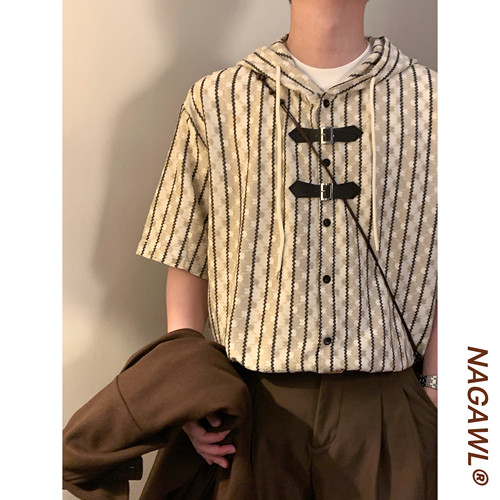 NAGAWL2026夏季美式复古条纹连帽衬衫男宽松百搭休闲潮牌短袖上衣
