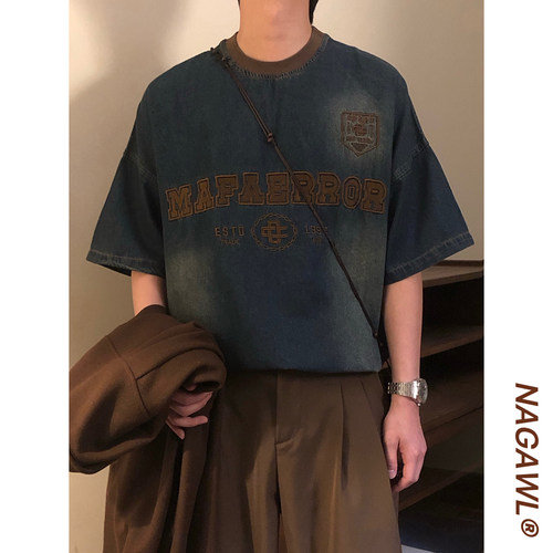 NAGAWL夏季美式复古潮牌街头休闲宽松字母刺绣牛仔短袖T恤上衣男