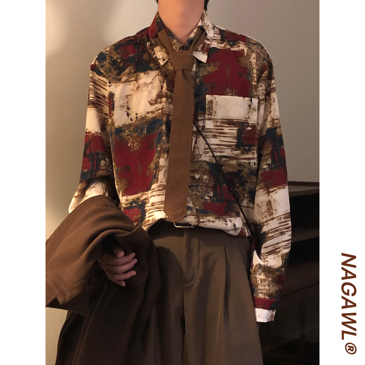 NAGAWL早秋美式复古宽松休闲抽象艺术感撞色印花长袖衬衫上衣男潮