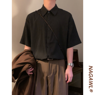 NAGAWL2026夏季美式复古纯黑肌理纹衬衫男女宽松百搭潮牌短袖上衣