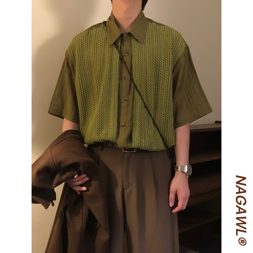 NAGAWL夏季美式复古休闲宽松拼接镂空自制假两件短袖衬衫上衣男女