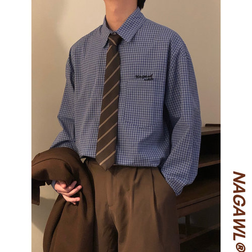 NAGAWL2025秋美式复古宽松学院风百搭纯色高级感长袖衬衫上衣男潮