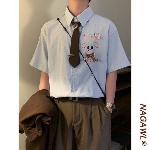 NAGAWL2026 夏季浅蓝色肌理感卡通印花衬衫同款宽松休闲短袖上衣