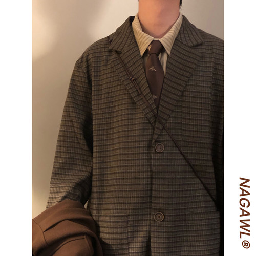 NAGAWL秋季日系复古学院风街头小众宽松休闲细格纹西装西服外套男