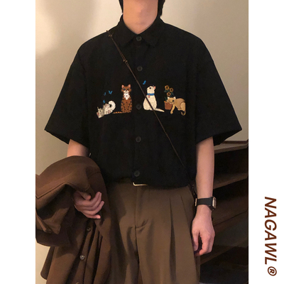 NAGAWL夏季美式复古潮牌学院风猫咪刺绣百搭休闲短袖衬衫上衣男女