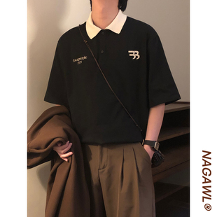 T恤上衣 NAGAWL夏季 美式 复古学院风撞上领休闲宽松百搭短袖 polo衫