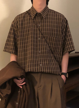 NAGAWL夏季日系复古潮流学院风休闲格子百搭宽松短袖衬衫上衣男女