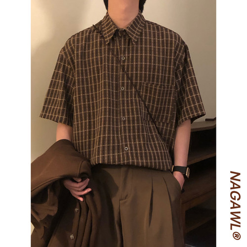 NAGAWL夏季日系复古潮流学院风休闲格子百搭宽松短袖衬衫上衣男女