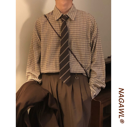 NAGAWL2026秋季学院风格子衬衫男长袖翻领宽松设计感潮牌百搭上衣