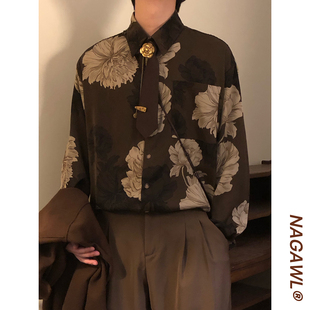 NAGAWL2026春季美式复古长袖印花衬衫男女宽松港风艺术感透气衬衣