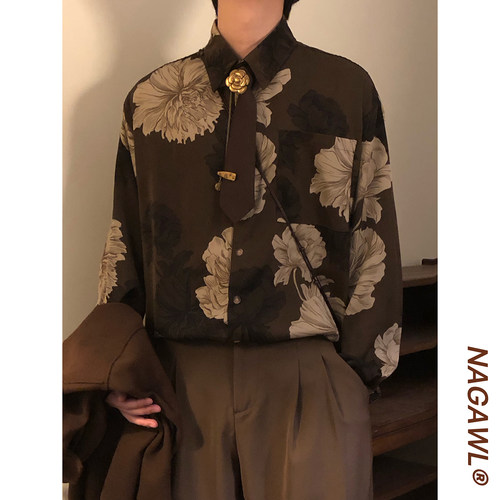 NAGAWL2026春季美式复古长袖印花衬衫男女宽松港风艺术感透气衬衣