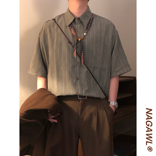 NAGAWL2026夏季日系cityboy小众竖条纹衬衫男垂感宽松款短袖上衣