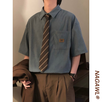 NAGAWL夏季美式复古潮牌学院风简约休闲宽松百搭短袖衬衫上衣男女
