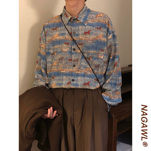 NAGAWL美式复古印花长袖衬衫宽松秋季新款港风度假休闲长袖花衬衣