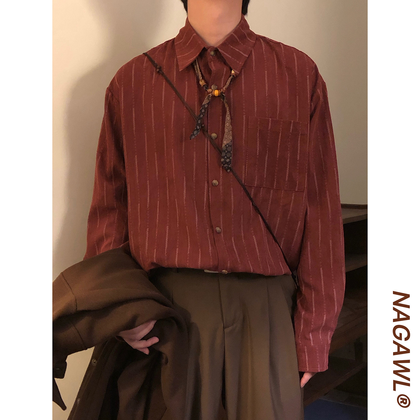 NAGAWL2026春季美式复古新年条纹长袖衬衫男POLO领高级感红色上衣图片