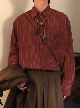 NAGAWL2026春季美式复古新年条纹长袖衬衫男POLO领高级感红色上衣