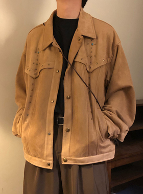 NAGAWL2026春季美式复古翻领夹克男女宽松铆钉装饰街头风潮牌外套