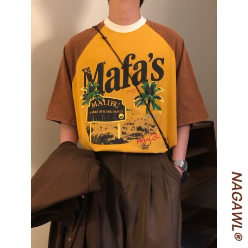 NAGAWL2026夏季美式椰树印花短袖T恤男女复古学院风休闲潮牌上衣