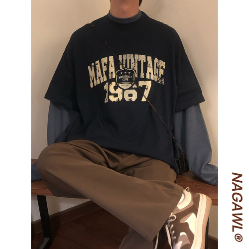 NAGAWL2026春美式复古小众拼接条纹假两件立领长袖卫衣T恤上衣男