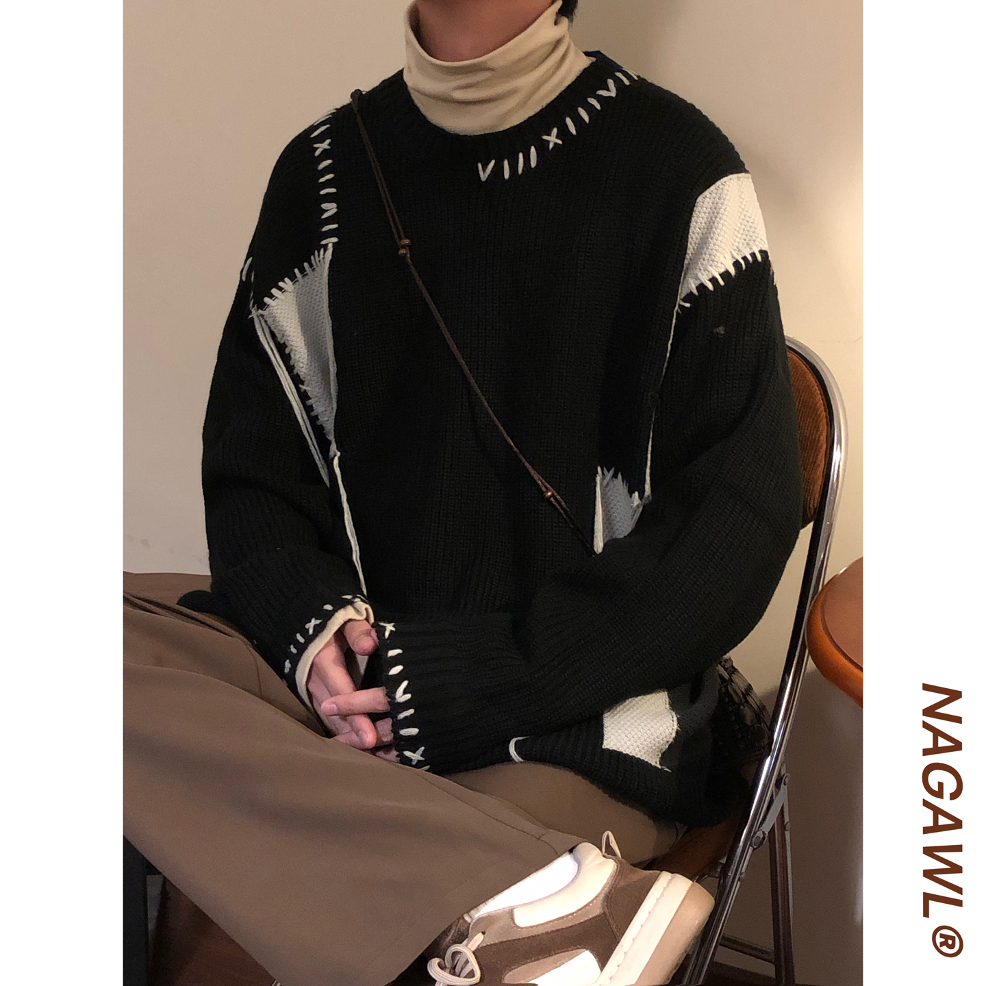 NAGAWL秋冬美式复古潮牌宽松拼接撞色手缝线设计感圆领针织衫毛衣