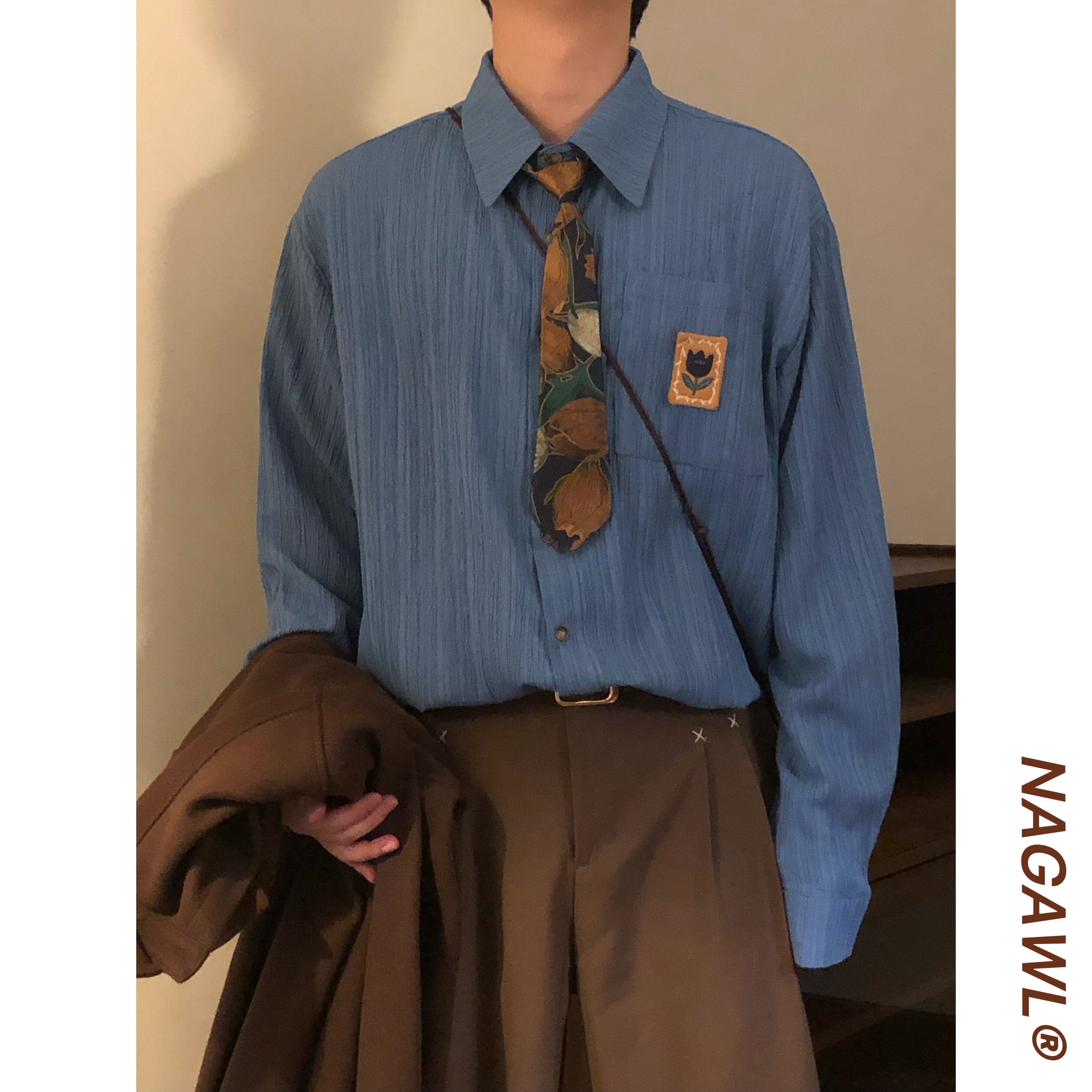 NAGAWL2026秋日系复古vintage竖纹衬衫男花卉领带慵懒感长袖上衣图片
