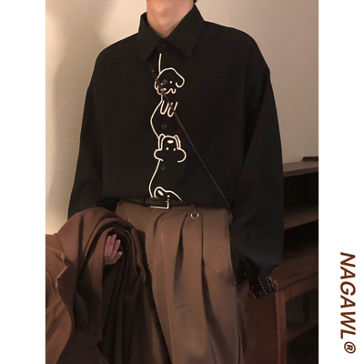 NAGAWL2026秋季日系学院风小狗刺绣长袖衬衫男宽松款bf风休闲上衣