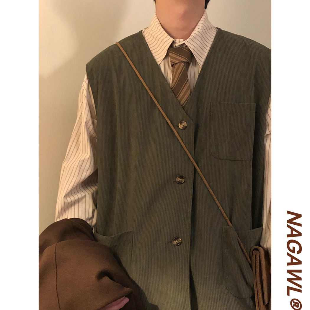 NAGAWL2025秋美式复古学院风纯色百搭V领开衫背心马甲上衣男女潮