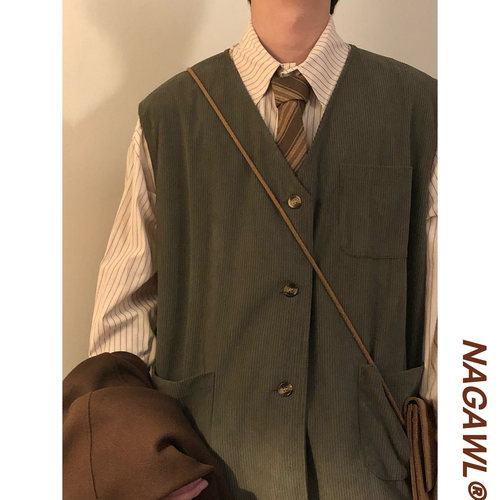 NAGAWL2025秋美式复古学院风纯色百搭V领开衫背心马甲上衣男女潮