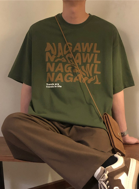NAGAWL2025夏季新款美式复古宽松潮流绿色短袖t恤男学生半袖上衣