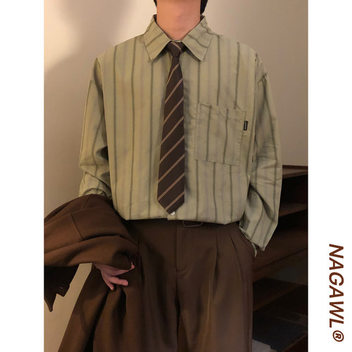 NAGAWL秋季美式复古学院风宽松绿色条纹休闲百搭长袖衬衫上衣男女