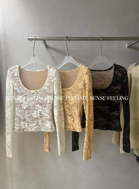 SENSE FEELING新款爆款蕾丝露肤蝴蝶结打底衫有内衬