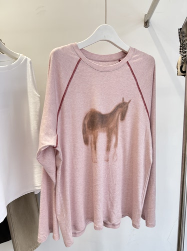 春季新款韩系松弛马年小马印花明线插肩袖T恤宽松廓形上衣女