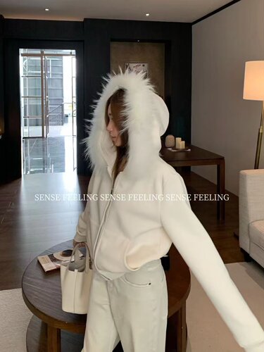 SENSE FEELING真毛领可拆连帽拉链厚卫衣外套内里baby绒