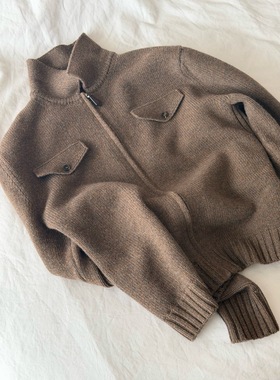 老钱lp风双口袋全羊绒拉链夹克polo领开衫外套