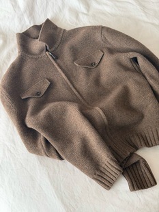 老钱lp风双口袋全羊绒拉链夹克polo领开衫 外套