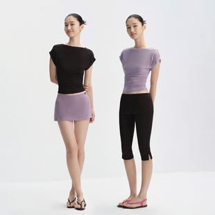 RA everyday  一字领收腰蝙蝠卷袖短袖T恤 薄荷蓝/紫色/黑色